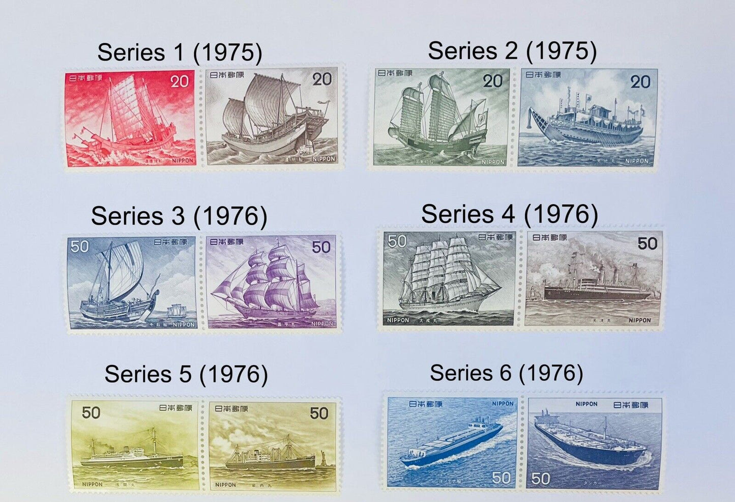 Japan Old Ships Postage Stamps 12 stamps 6 Series Perfect set 1975 to 1976