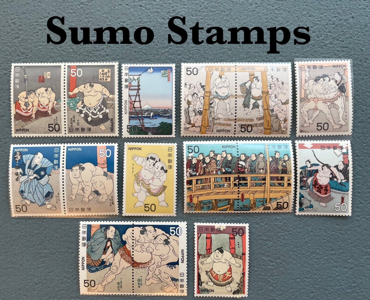 Japanese Sumo postage stamps Series 1 to 5, perfect set issued in 1978,1979.