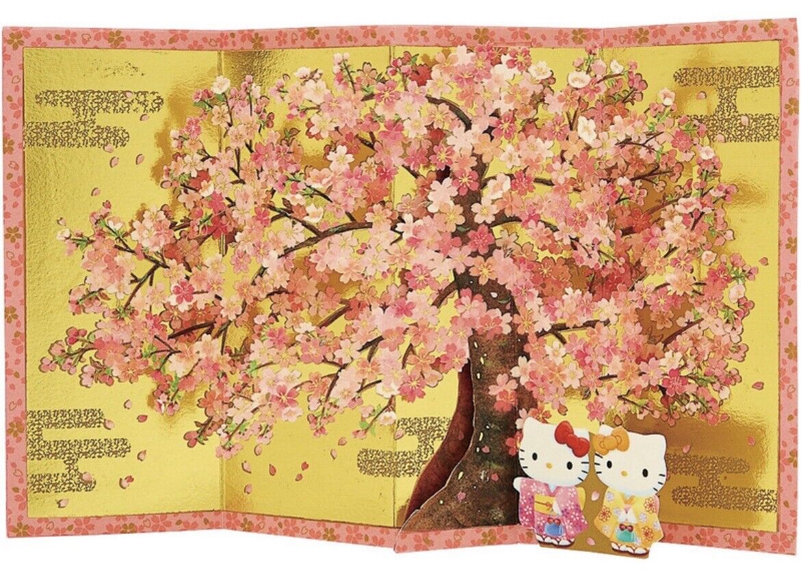 Sanrio Hello Kitty Greeting Card Cherry Blossoms Kimono Golden Byobu♡