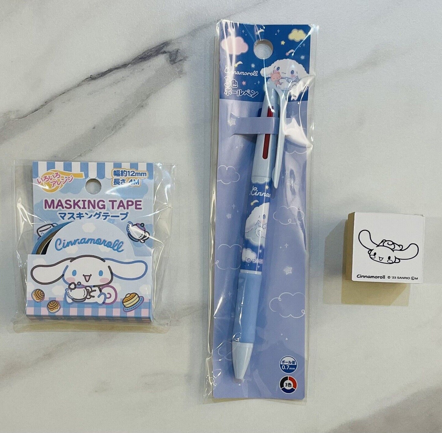 Sanrio Cinnamoroll wooden stamp 3-color Pen and Washi tape set from Japan