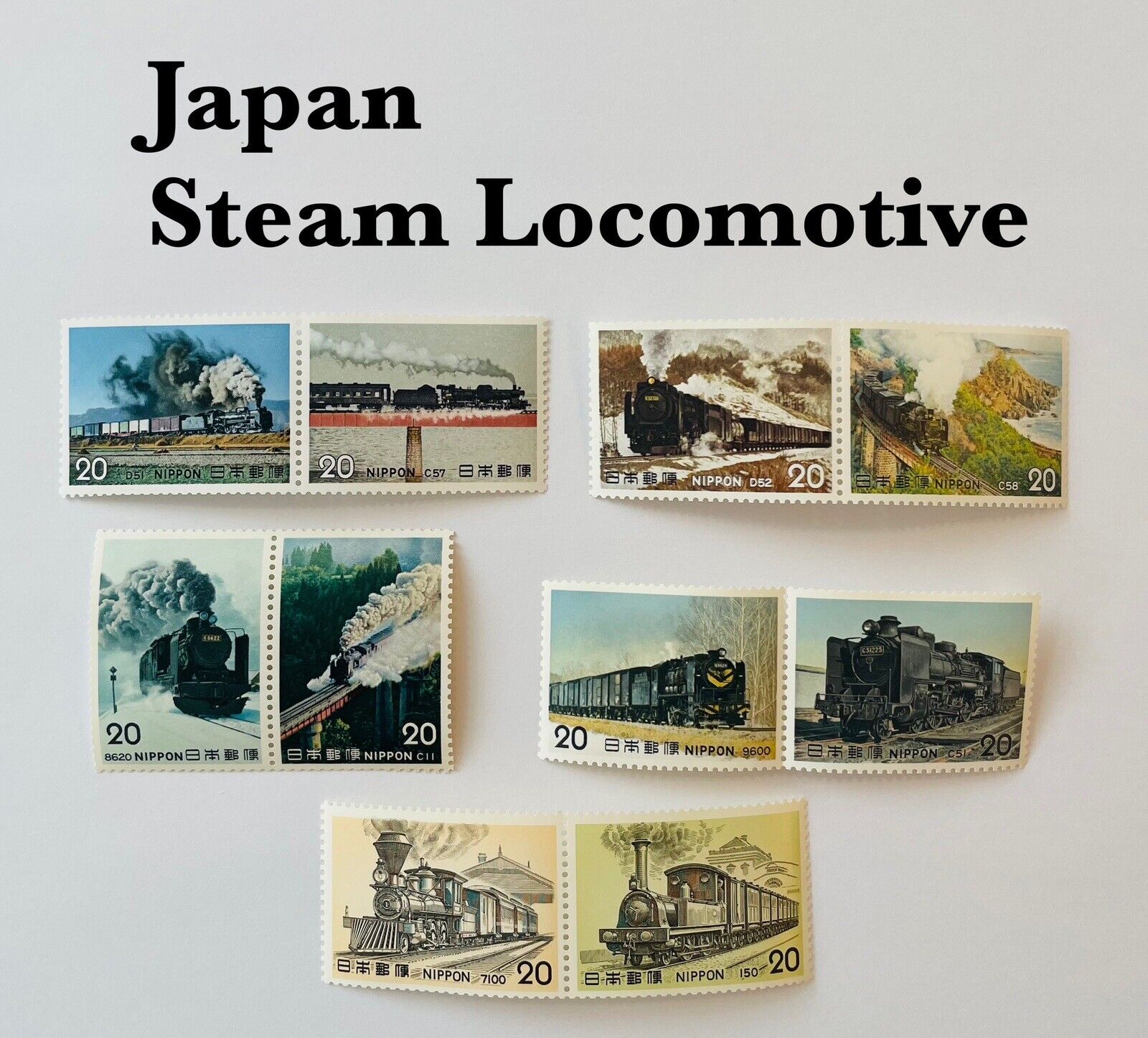 Japan Steam Locomotive Postage stamp Series Perfect set 1974 to 1975 10 Stamps