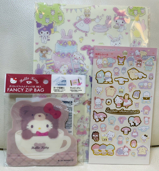 Sanrio characters A4 size folder,stickers,and Hello Kitty Zip bags,new